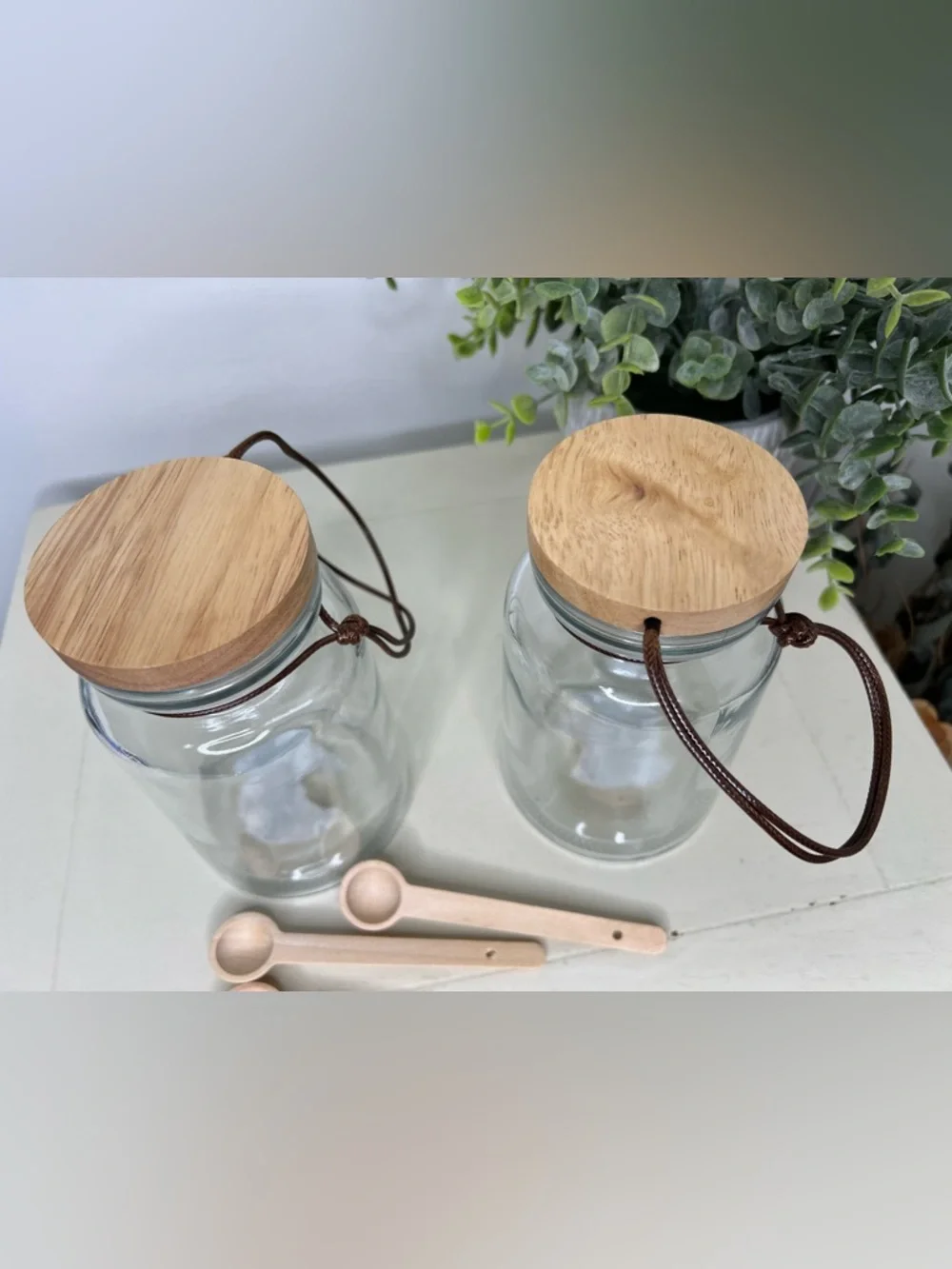 Brand New-Set of 2 Glass Jars with Wood Lid & Spoon